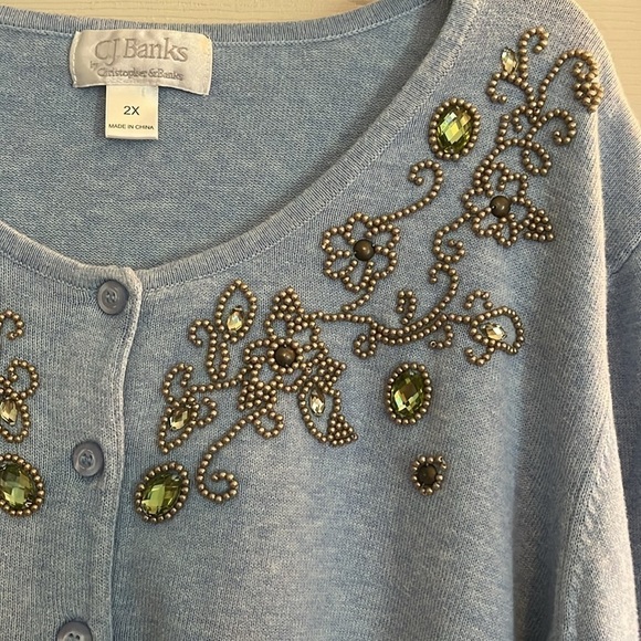 Christopher& Banks-2X-blue-button up, 3/4 sleeve, embellished, cardigan sweater. - Picture 6 of 12